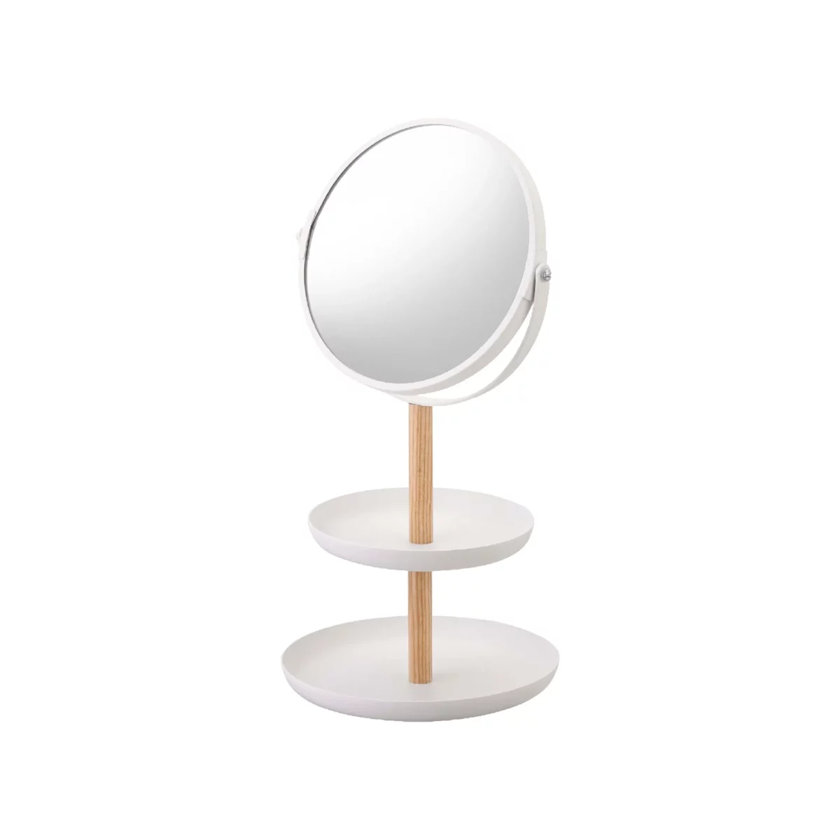Yamazaki TOSCA Cosmetic Mirror with Shelves in White, shown empty with a round mirror and wooden rod