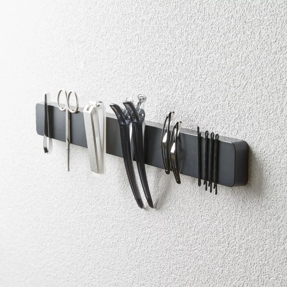Yamazaki TOWER Magnetic Knife Rack in Black, with Tweezers, Nail Scissors, and Hair Clips