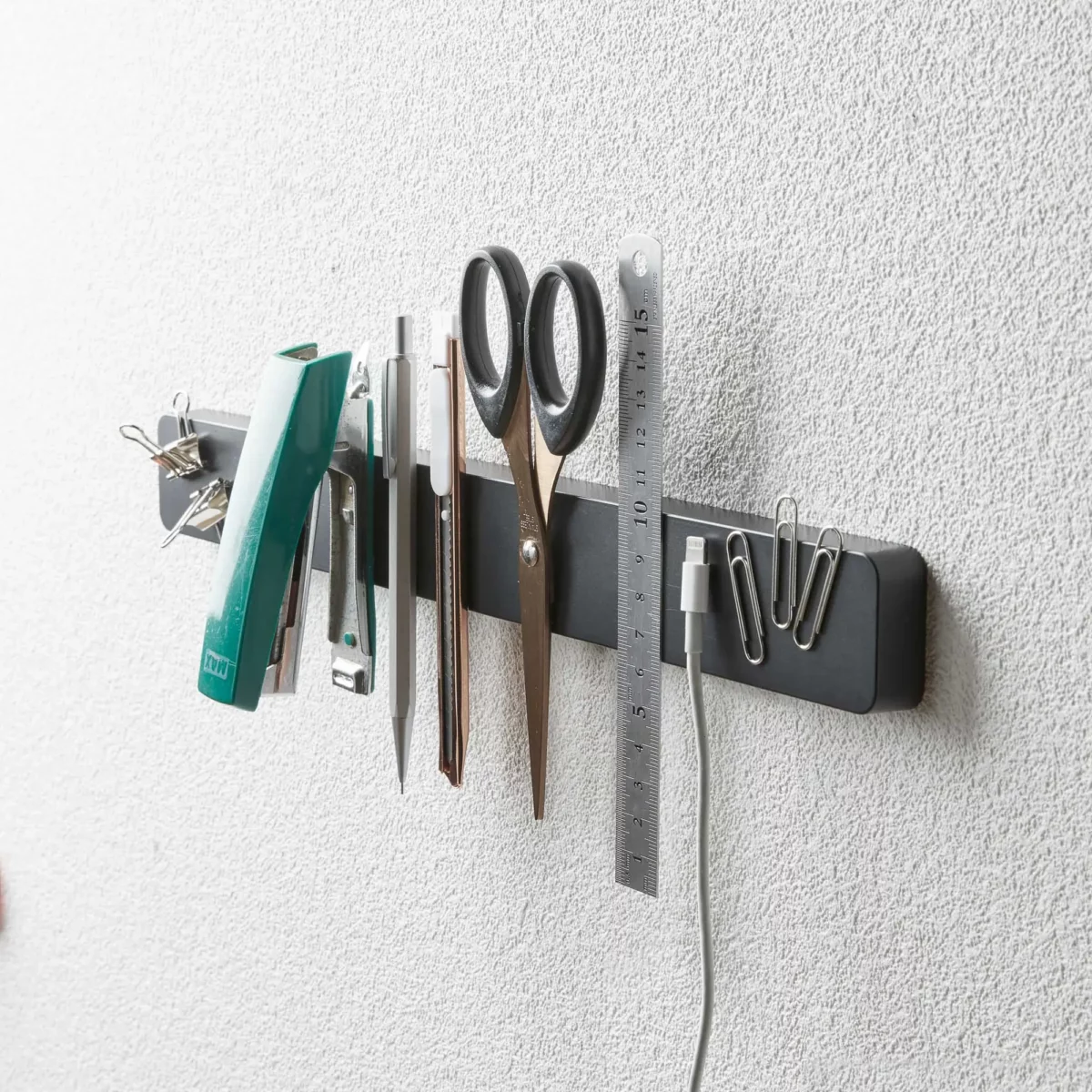 Yamazaki TOWER Magnetic Knife Block in Black, with stapler, scissors, ruler, and paper clips