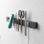 Yamazaki TOWER Magnetic Knife Block in Black, with stapler, scissors, ruler, and paper clips