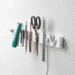 Yamazaki TOWER Magnetic Knife Block in White, with stapler, scissors, ruler, and paper clips