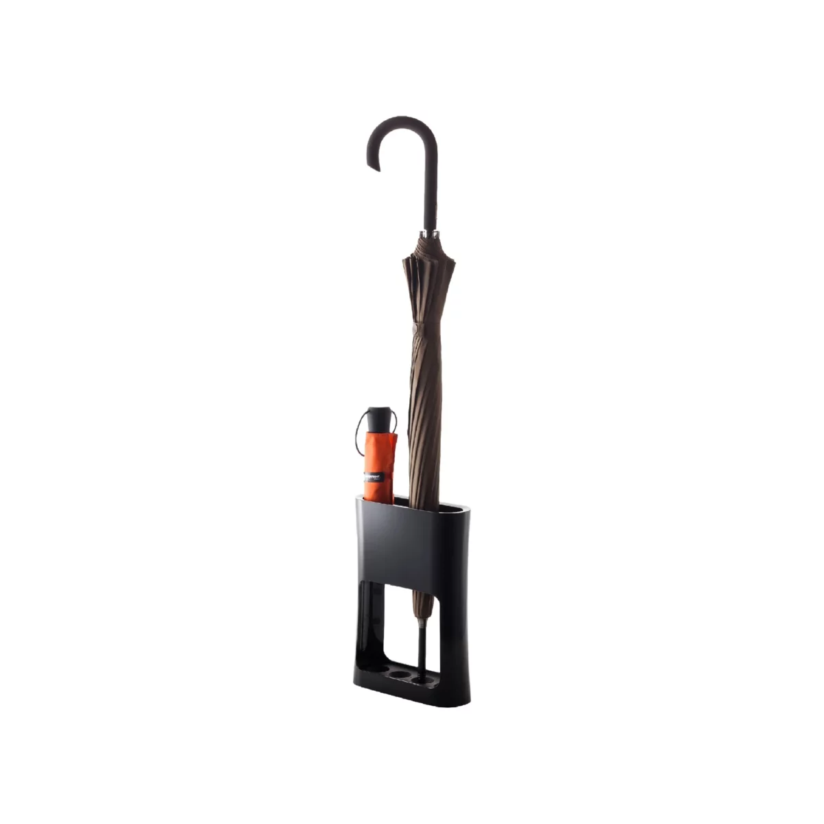 Yamazaki narrow oval umbrella stand in black, with a cane umbrella and a folding umbrella, shown on a white background