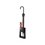 Yamazaki narrow oval umbrella stand in black, with a cane umbrella and a folding umbrella, shown on a white background