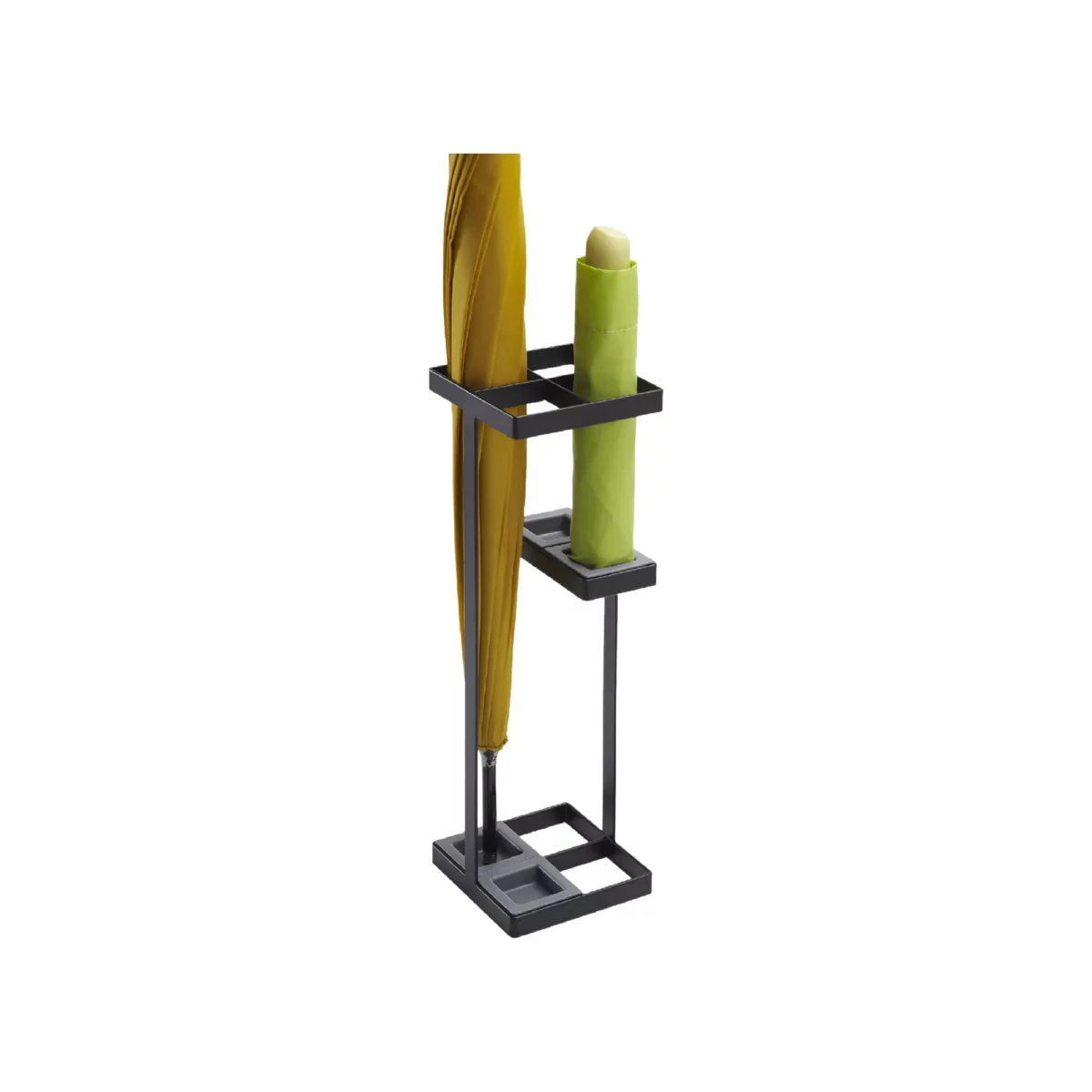 Yamazaki TOWER Slim Umbrella Stand in Black, with a walking stick umbrella and a folding umbrella, shown on a white background