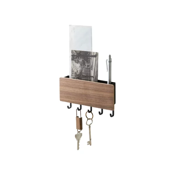 Yamazaki RIN Magnetic Key Board with Storage in Black, with postcard, pen, and keys, shown separately