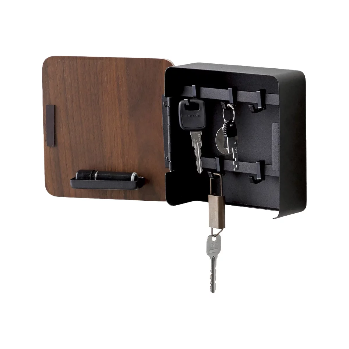 Yamazaki RIN Magnetic Key Cabinet in Black, open design with keys on hooks, white background