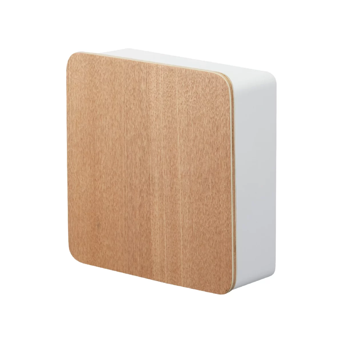 Yamazaki RIN Magnetic Key Box in White, closed with a wooden door, shown on a white background