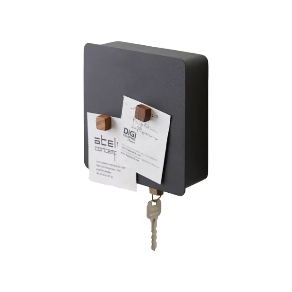Yamazaki TOWER Magnetic Key Box in Black, closed with cards and magnets, shown on a white background