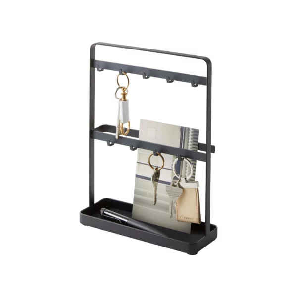 Yamazaki SMART Key Holder with Tray in Black, featuring keys, cards, and a pen, shown on a white background