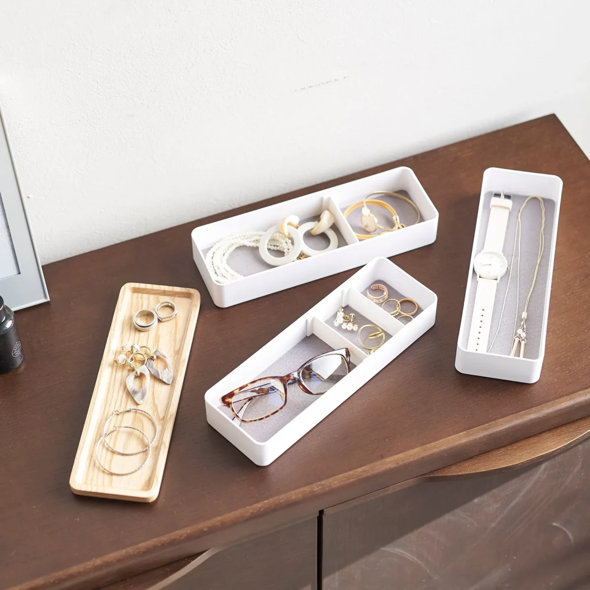 Yamazaki RIN 3-Tier Narrow Jewelry Box in White, with three compartments and a lid, each individually lined with jewelry