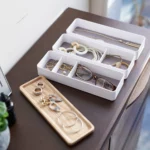 Yamazaki RIN 3-Tier Slim Jewelry Box in White, with Compartments Lined with Glasses, Pearls, and Earrings