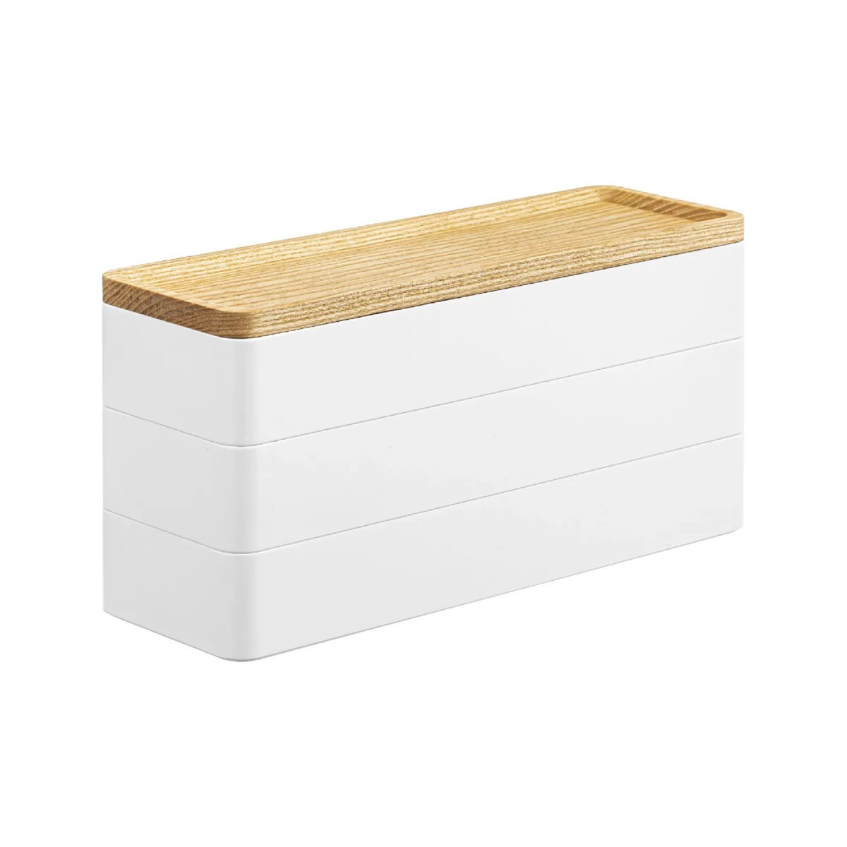 Yamazaki RIN 3-Tier Narrow Jewelry Box in White, closed and empty, shown on a white background