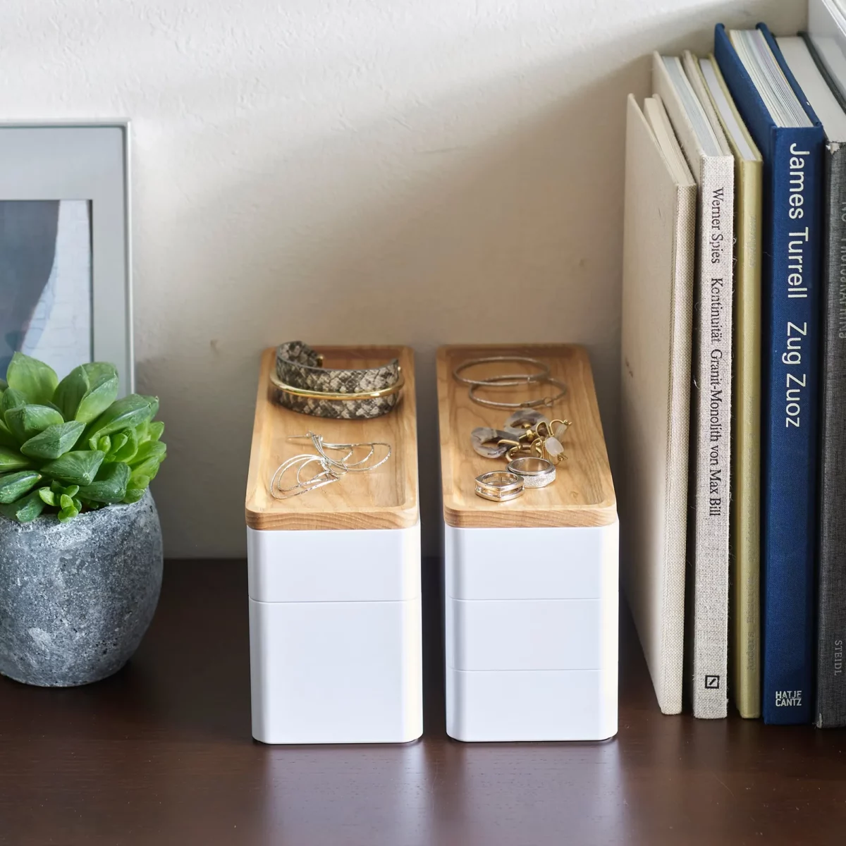 Yamazaki RIN 3-Tier Narrow Jewelry Box in White, two boxes side by side next to books