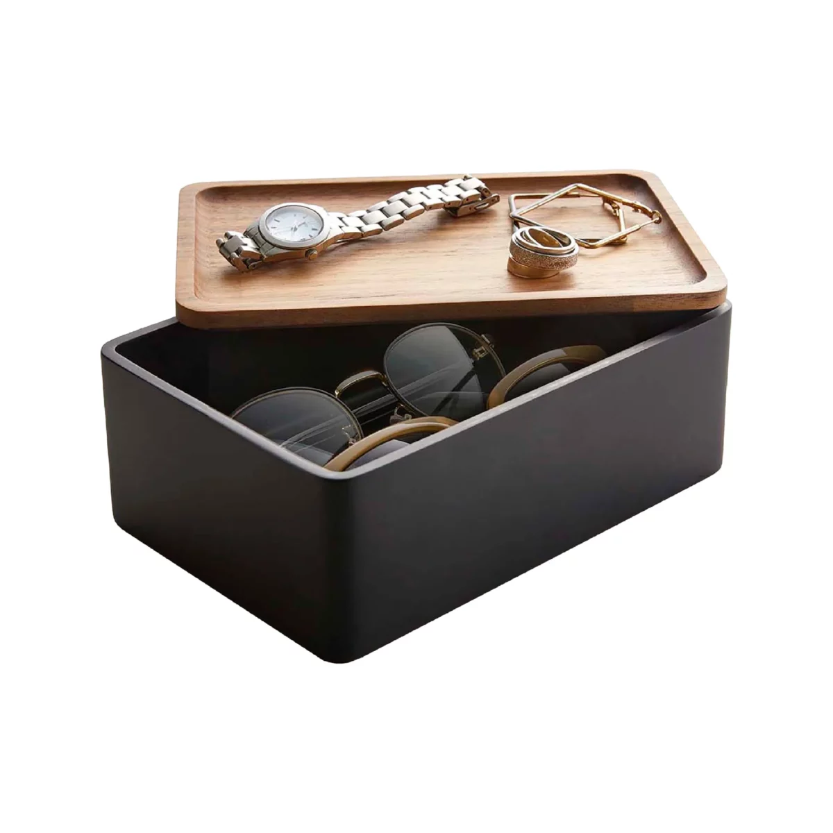 Yamazaki Schmuckbox RIN mit Holzdeckel in Schwarz, offen mit Brillen und Uhr auf dem Deckel, weisser Grund
