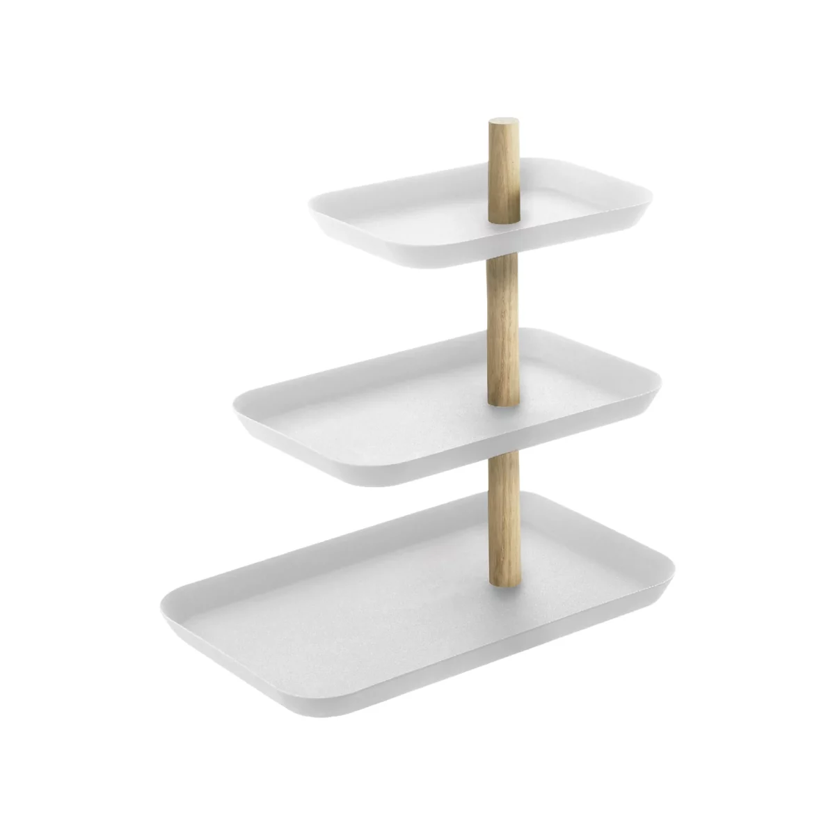 Présentoir à bijoux Yamazaki RIN à 3 étages, pivotant, blanc, vide, avec trois plateaux sur fond blanc