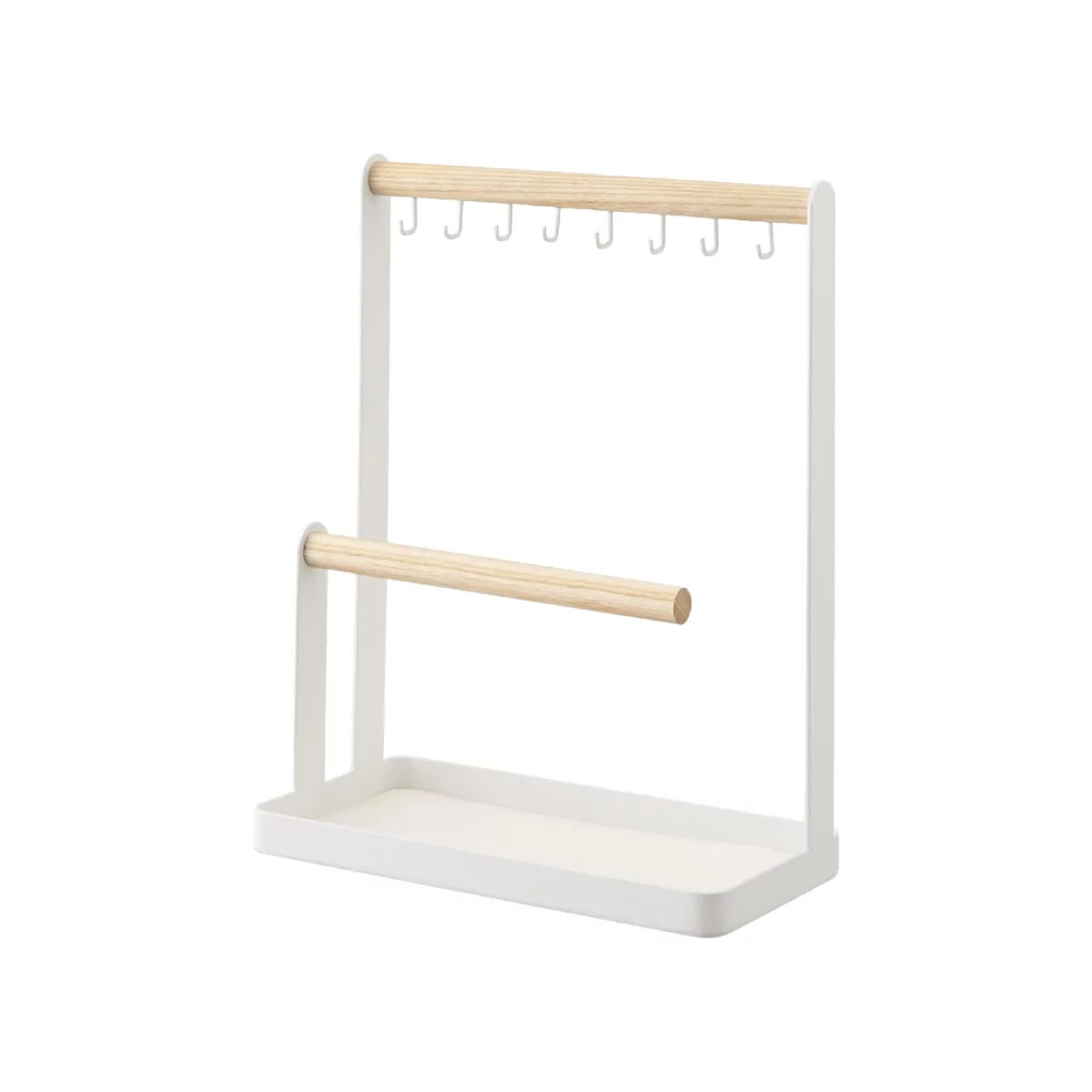 Yamazaki TOSCA Jewelry Stand with Hooks in White, shown empty with two wooden rods