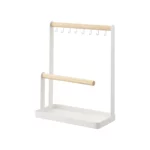 Yamazaki TOSCA Jewelry Stand with Hooks in White, shown empty with two wooden rods