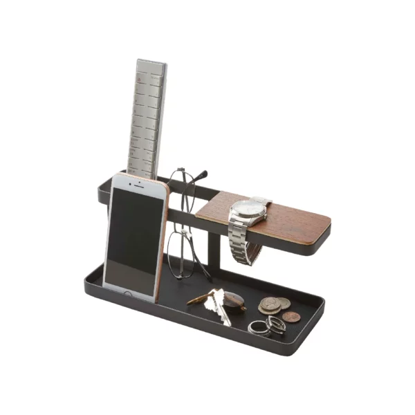 Yamazaki Schreibtisch-Organizer TOWER in Schwarz, mit Smartphone, Brille, Uhr und Münzen, weisser Grund
