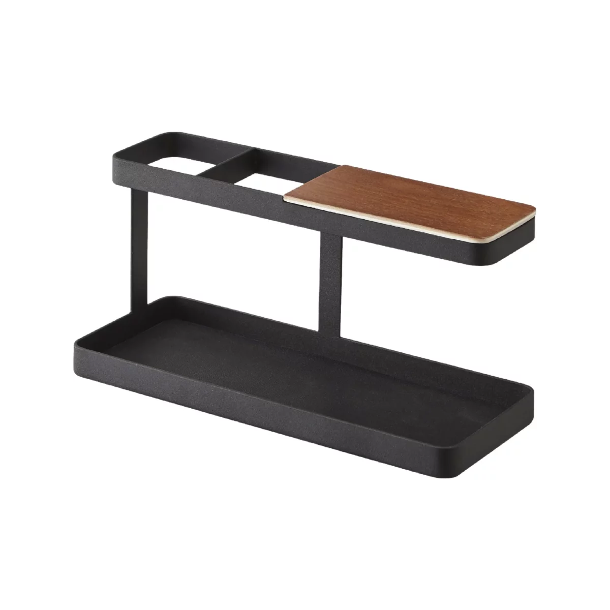 Yamazaki Schreibtisch-Organizer TOWER in Schwarz, leer mit Holzablage freigestellt
