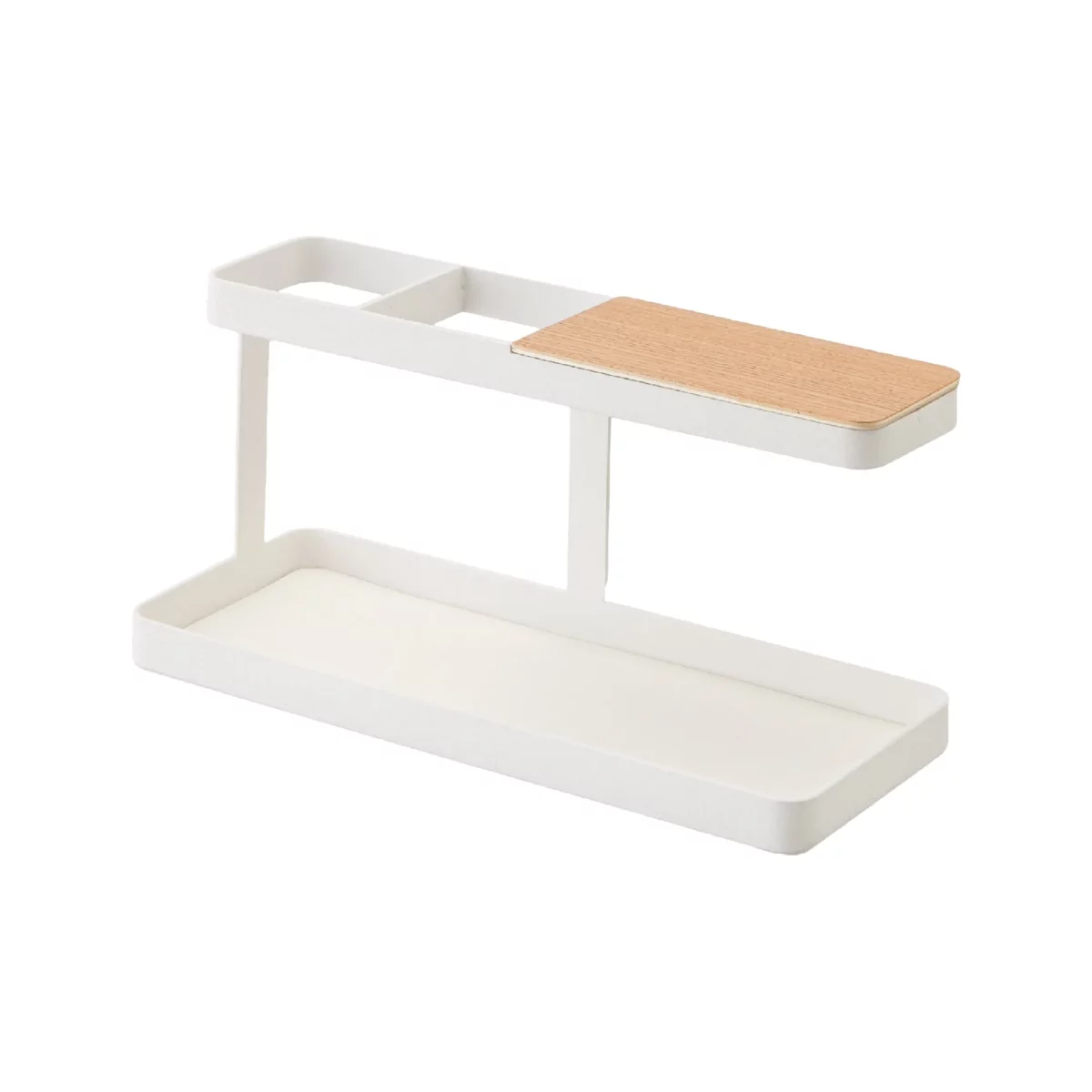 Yamazaki Schreibtisch-Organizer TOWER in Weiss, leer mit Holzablage freigestellt