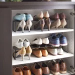 Yamazaki FRAME Shoe Rack for the Shoe Cabinet in Black, displayed in the shoe cabinet with pumps and low-cut shoes
