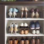 Yamazaki FRAME Shoe Rack for the Shoe Cabinet in Black, with sneakers stacked on top of boots inside the shoe cabinet