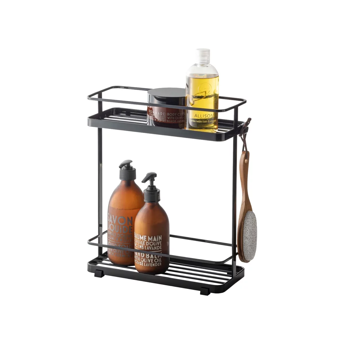 Étagère à distributeurs Yamazaki TOWER à 2 niveaux, en noir, avec distributeurs de savon et brosse, représentée sur fond blanc