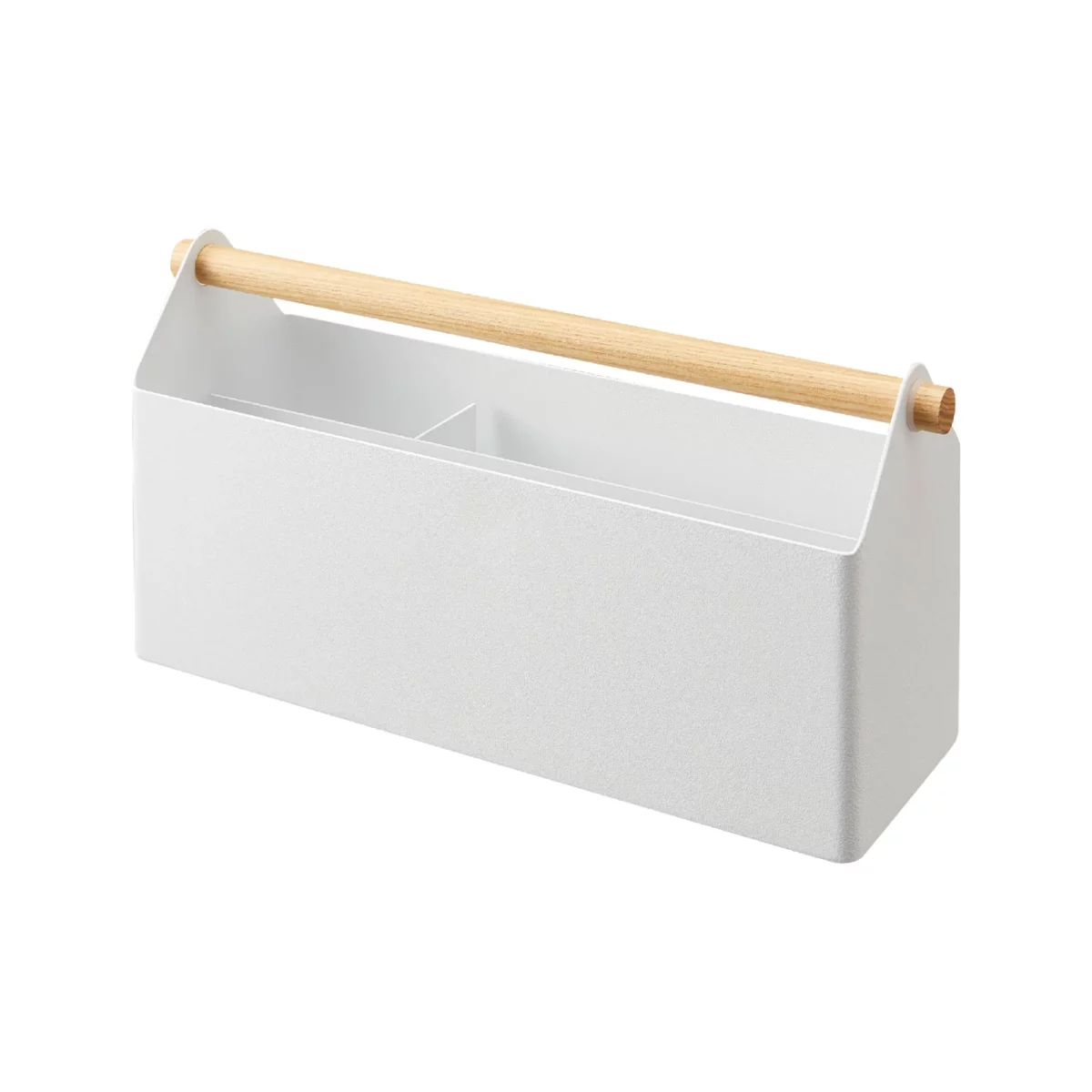 Yamazaki TOSCA Wide Pen Holder in White, empty with wooden grip, isolated on a white background
