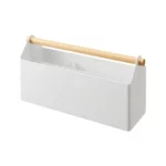 Yamazaki TOSCA Wide Pen Holder in White, empty with wooden grip, isolated on a white background