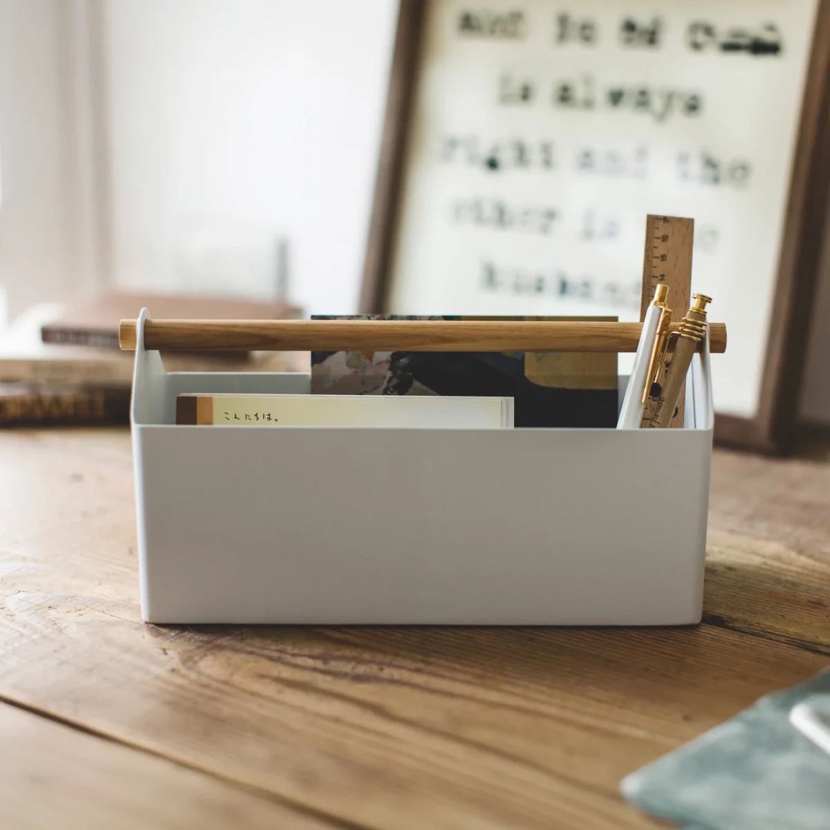 Yamazaki TOSCA Wide Pen Holder in White, with cards, a ruler, and pens on the front