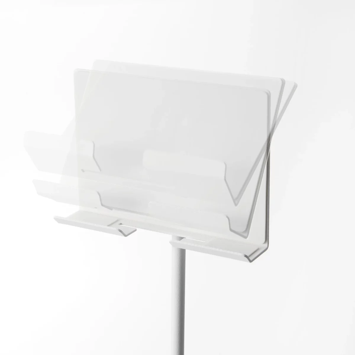 Support pour tablette Yamazaki SMART, réglable en hauteur, couleur blanche ; le support est présenté avec plusieurs angles d'inclinaison