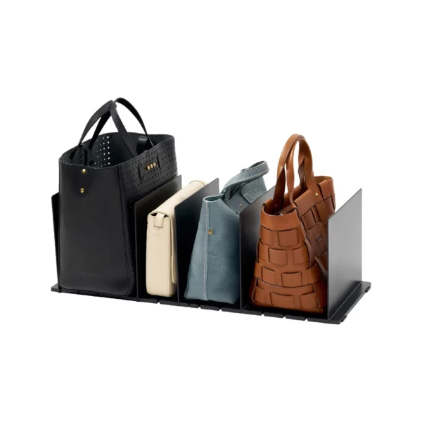 Organiseur de sac Yamazaki TOWER, lot de 2, noir, avec quatre sacs à main, représentés en découpe sur fond blanc