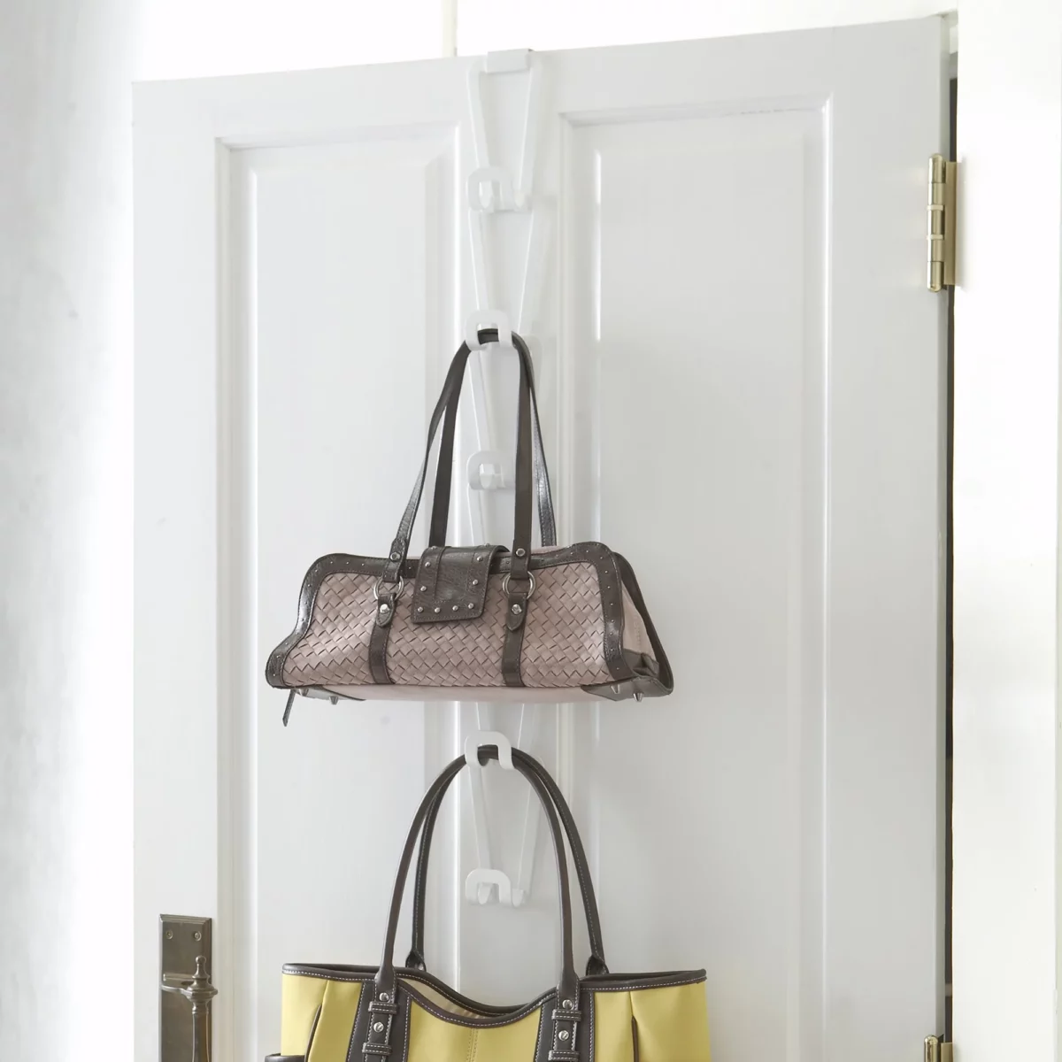 Yamazaki CHAIN S Bag Holder in White, designed to be hung on a door with two bags