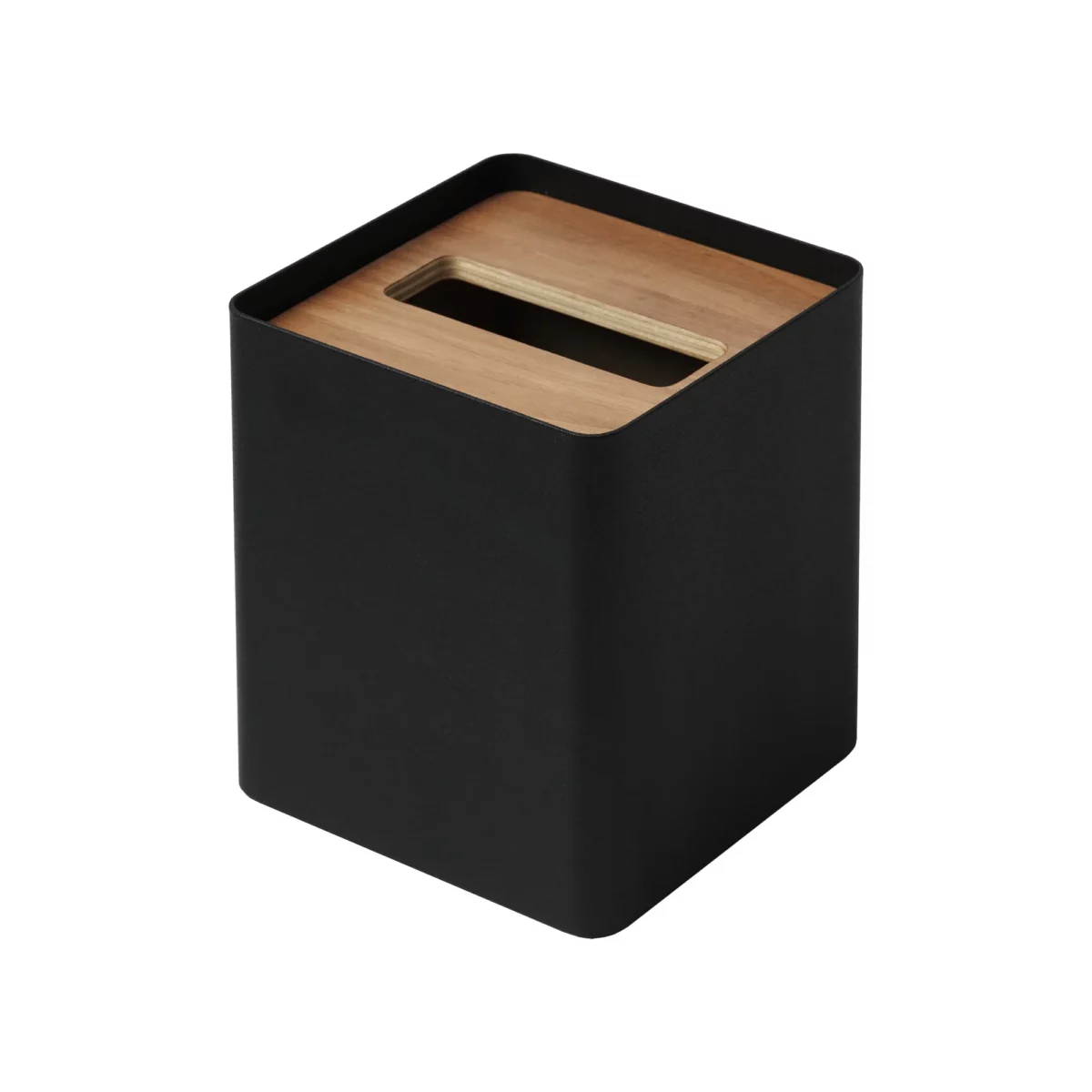 Yamazaki RIN Square Tissue Box in Black, without tissues, featuring a slit in the wooden lid on a white background