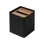 Yamazaki RIN Square Tissue Box in Black, without tissues, featuring a slit in the wooden lid on a white background