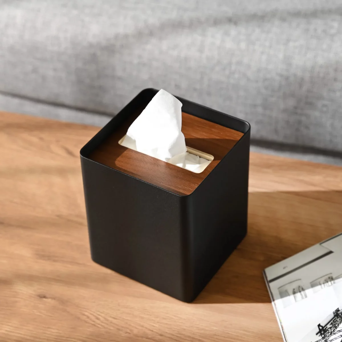Yamazaki RIN Square Tissue Box in Black, Close-up of the Wooden Lid with a Tissue Inside