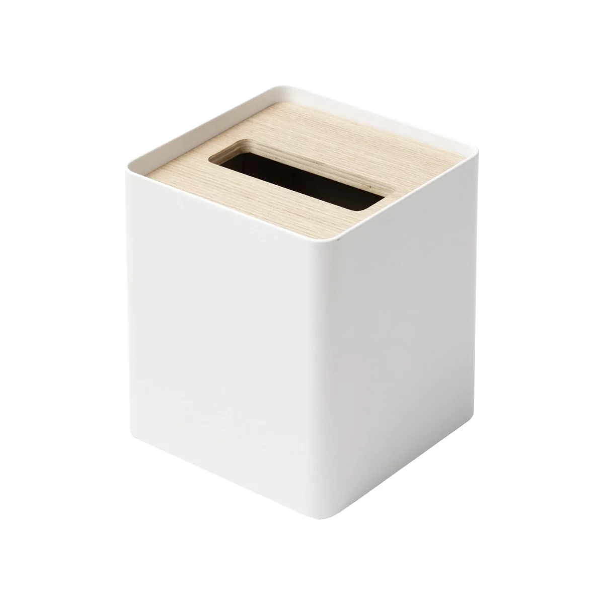 Yamazaki RIN Square Tissue Box in White, without tissues, featuring a slot in the wooden lid on a white background