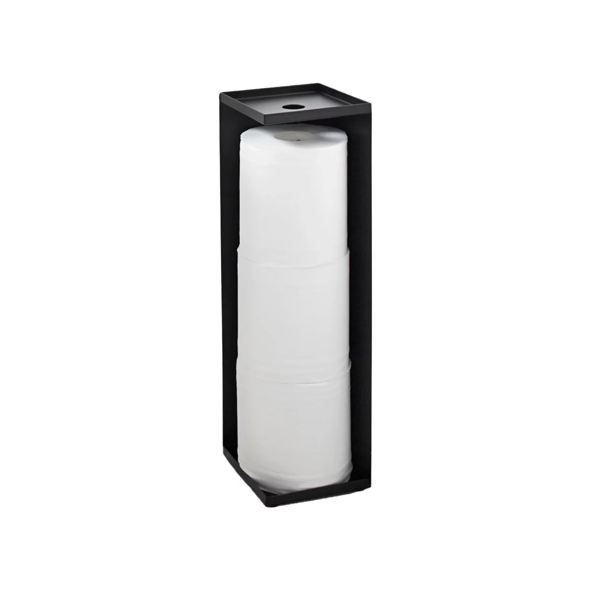 Porte-papier toilette Yamazaki TOWER, modèle étroit, noir, avec trois rouleaux, en plan d'ensemble sur fond blanc