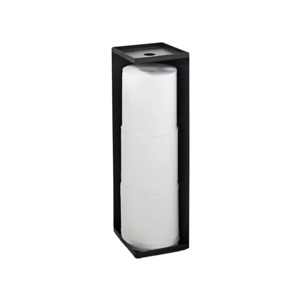 Porte-papier toilette Yamazaki TOWER, modèle étroit, noir, avec trois rouleaux, en plan d'ensemble sur fond blanc