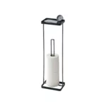 Yamazaki TOWER slim toilet paper stocker in black, with three rolls, cut out on a plain white background