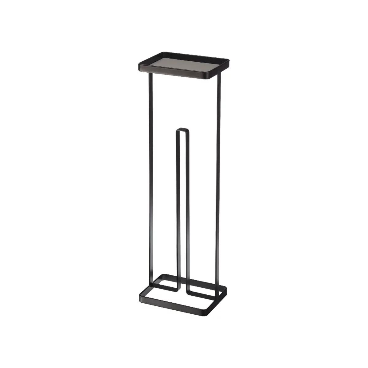 Yamazaki TOWER Toilet Paper Holder with Shelf in Black, shown empty with shelf on a white background