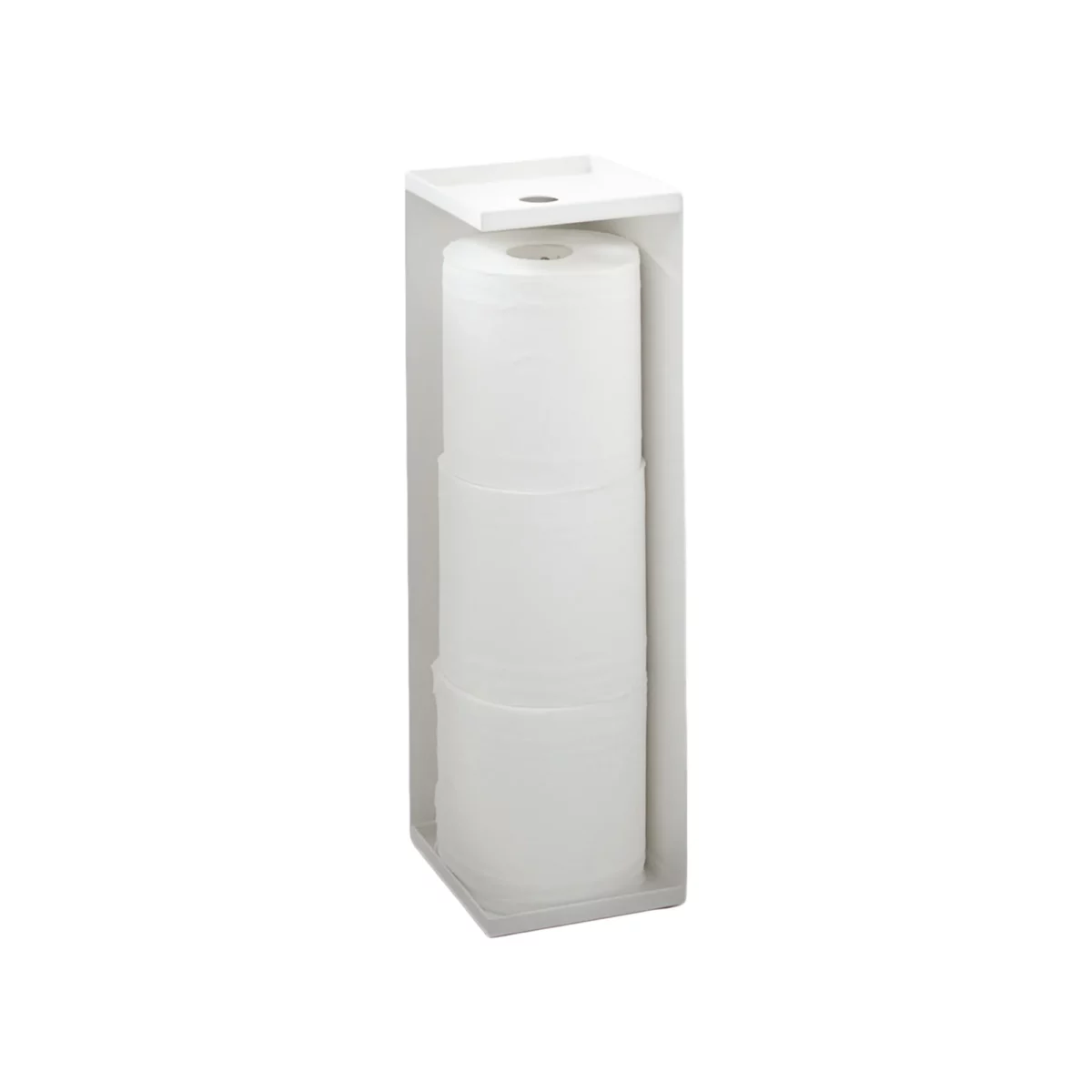 Yamazaki Toilettenpapierständer TOWER schmal in Weiss, mit drei Rollen, freigestellt auf weissem Hintergrund