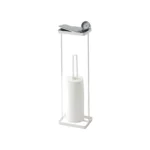 Yamazaki Toilettenpapierständer TOWER mit Ablage in Weiss, mit drei Rollen und Smartphone auf der Ablage, weisser Grund