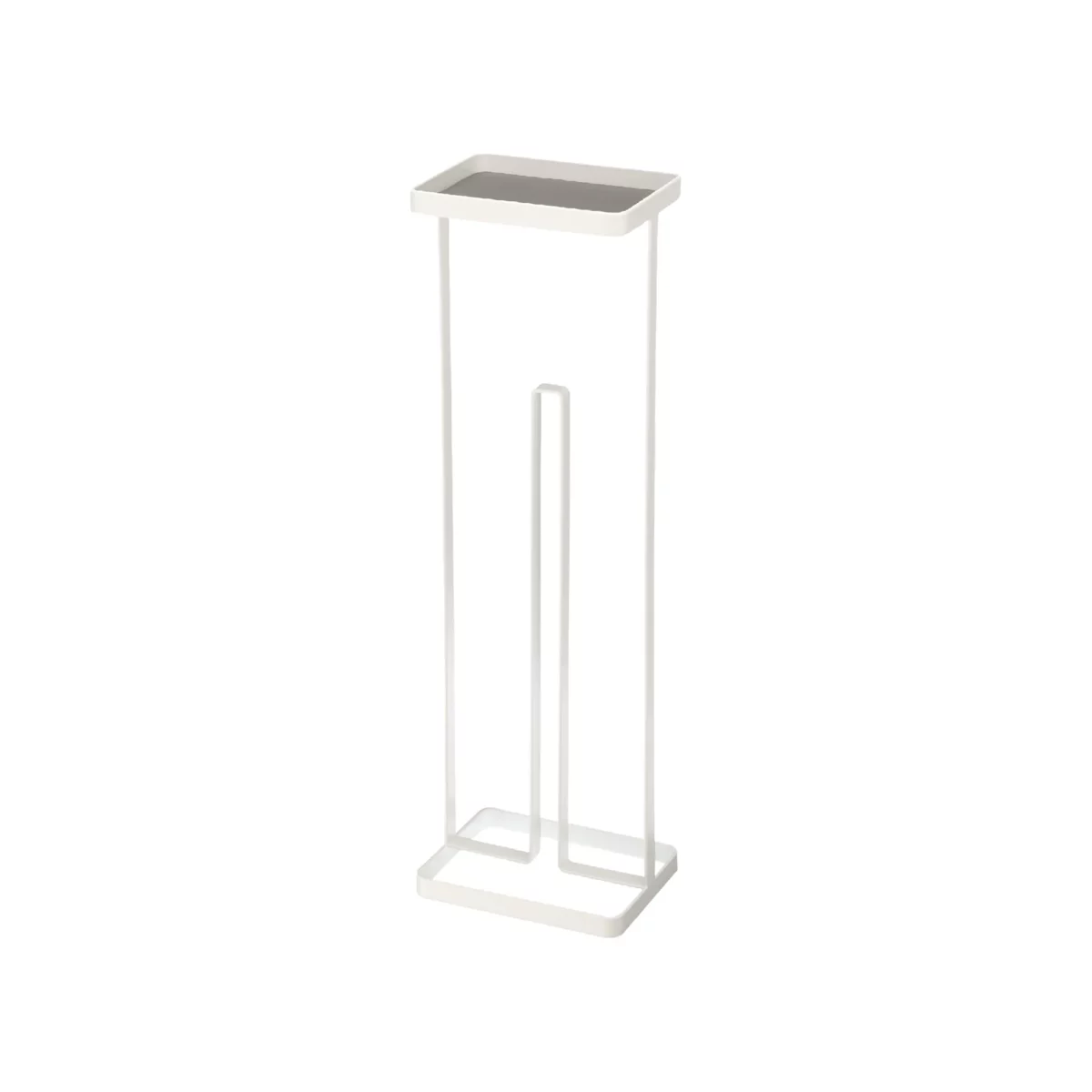 Yamazaki TOWER Toilet Paper Holder with Shelf in White, empty with shelf shown on a white background