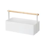 Yamazaki Utensilienbox TOSCA gross in Weiss, leer mit Holzgriff freigestellt auf weissem Grund