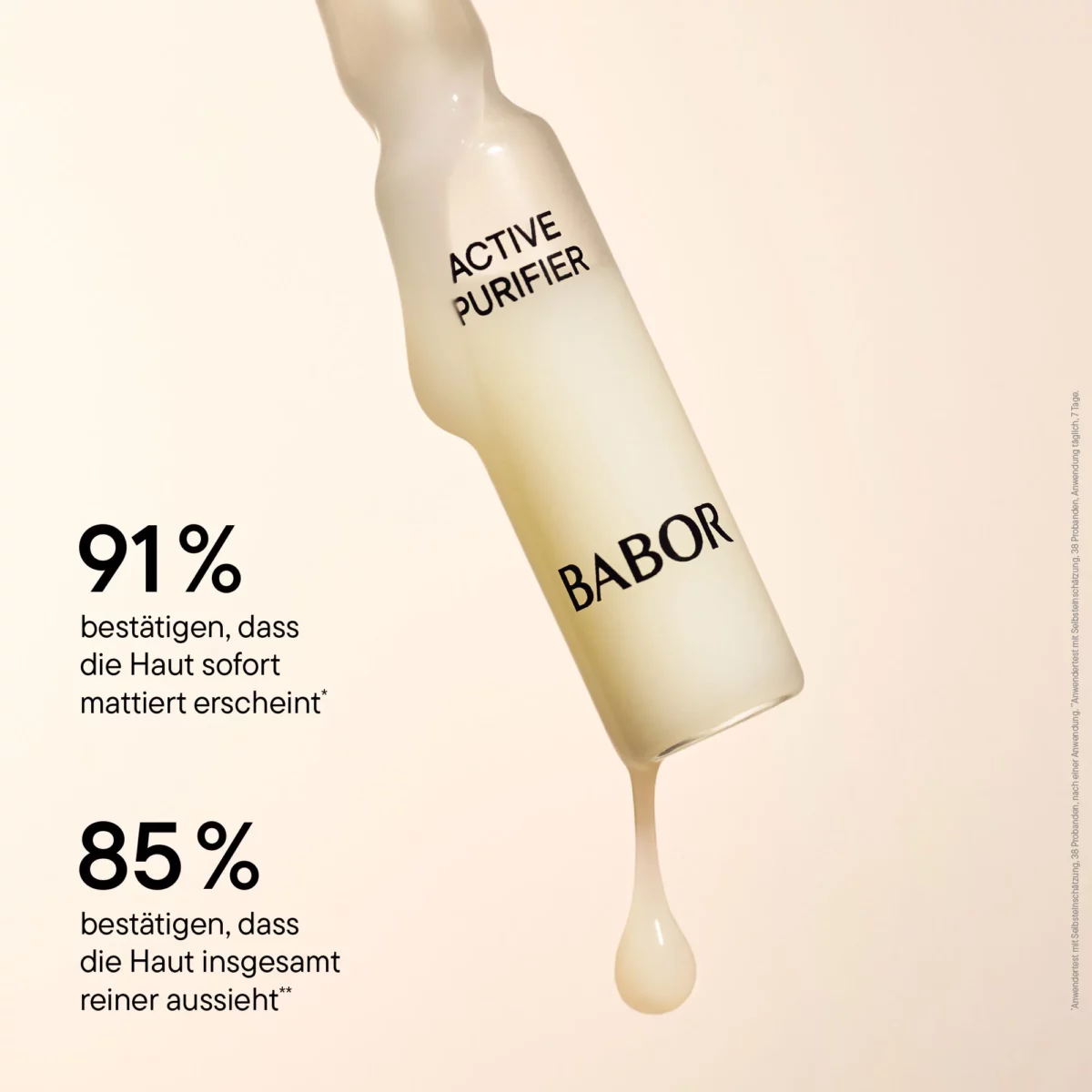 Infografik BABOR Active Purifier: 91 % finden die Haut sofort matter, 85 % sehen sie insgesamt reiner