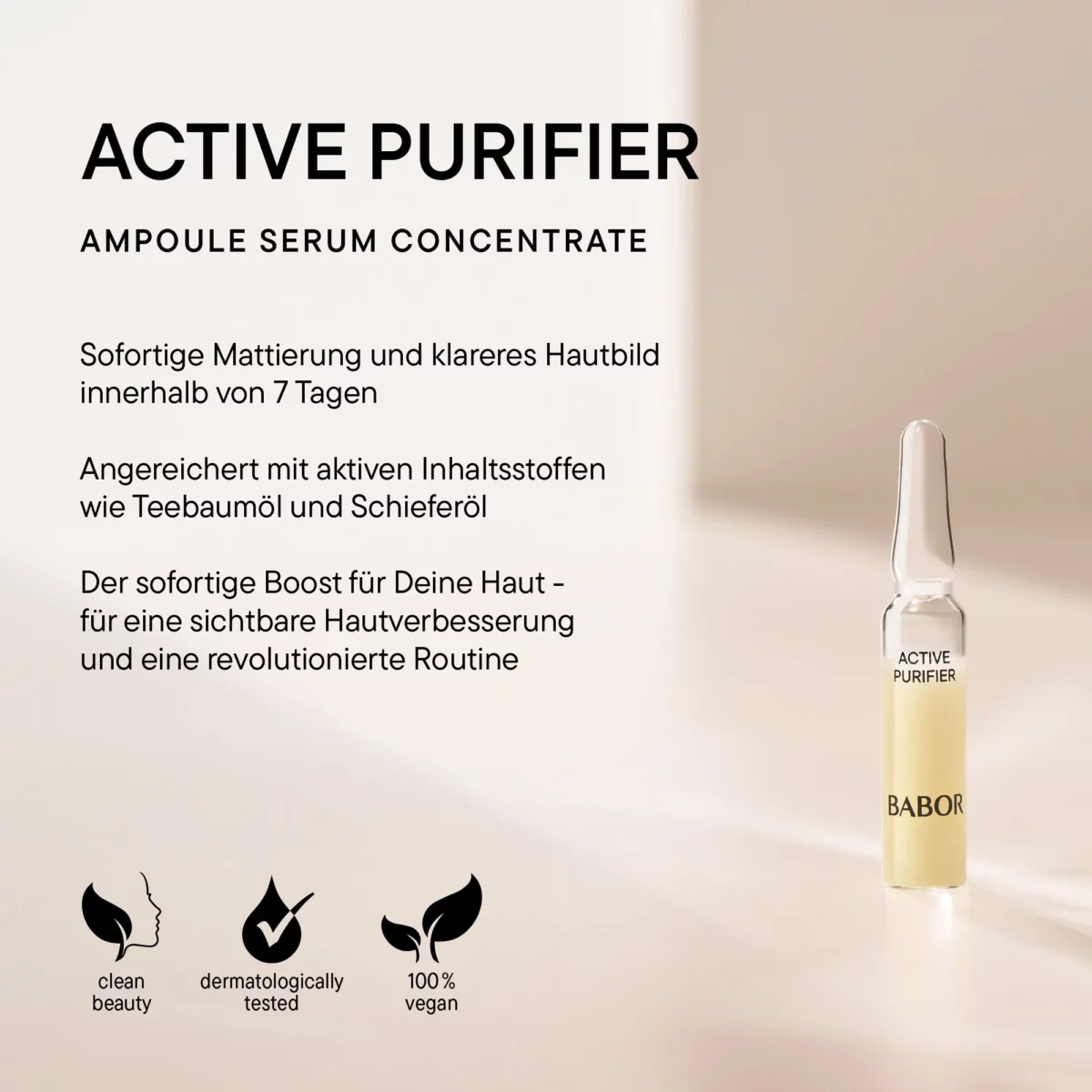 Infografik BABOR Active Purifier Ampoule Serum Concentrate mit Wirkung innerhalb von 7 Tagen, clean und vegan