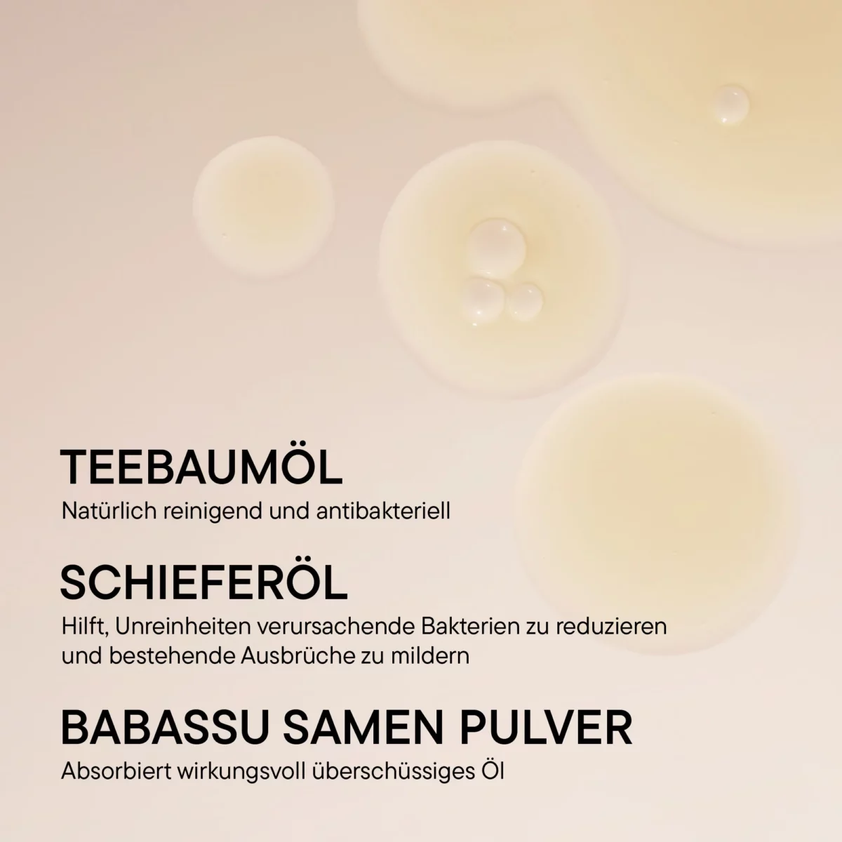 Infografik BABOR Active Purifier mit den Wirkstoffen Teebaumöl, Schieferöl und Babassu-Samenpulver