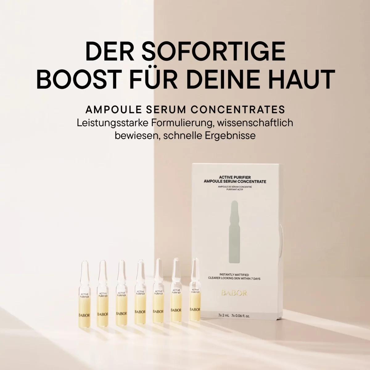 Packung und Ampullen BABOR Active Purifier, Kampagnenbild Der sofortige Boost für deine Haut