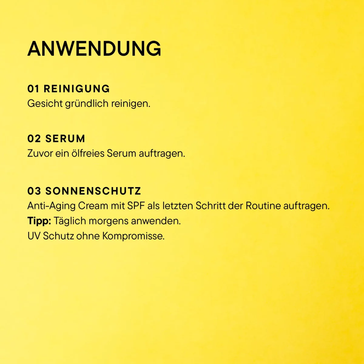 Infografik zur Anwendung der BABOR Radiance Cream SPF 50+: Reinigung, ölfreies Serum, dann Sonnenschutz am Morgen